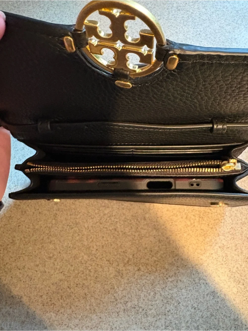 Tory Burch Black Pebbled Leather Crossbody with Gold Logo